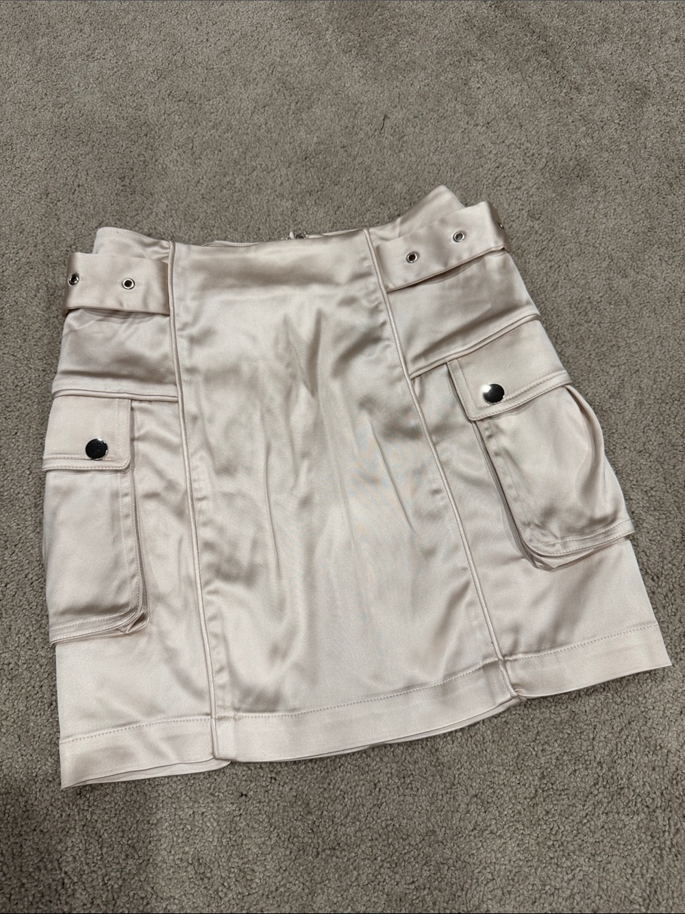 h:ours Satin Utility Mini Skirt in Light Beige